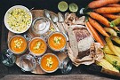 Carrot, tomato & coconut soup w/corn ceviche