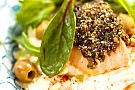 Ugnsbakad lax med pinje- och örttäcke