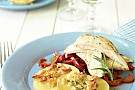 <br> <br> Kycklingschnitzel med parmesan-och rosmarinpotatis och söt paprika